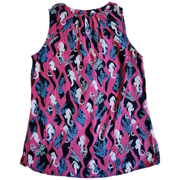 Crown & Ivy Pink Black Blue Coastal Seahorse Print Split V Neck Top Sz M - Picture 2 of 11